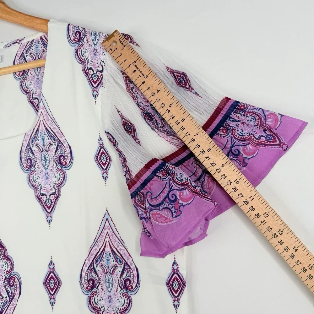 Chico's Knit Square Neck White Purple Paisley Chiffon Flutter Sleeve Top SZ-3-XL